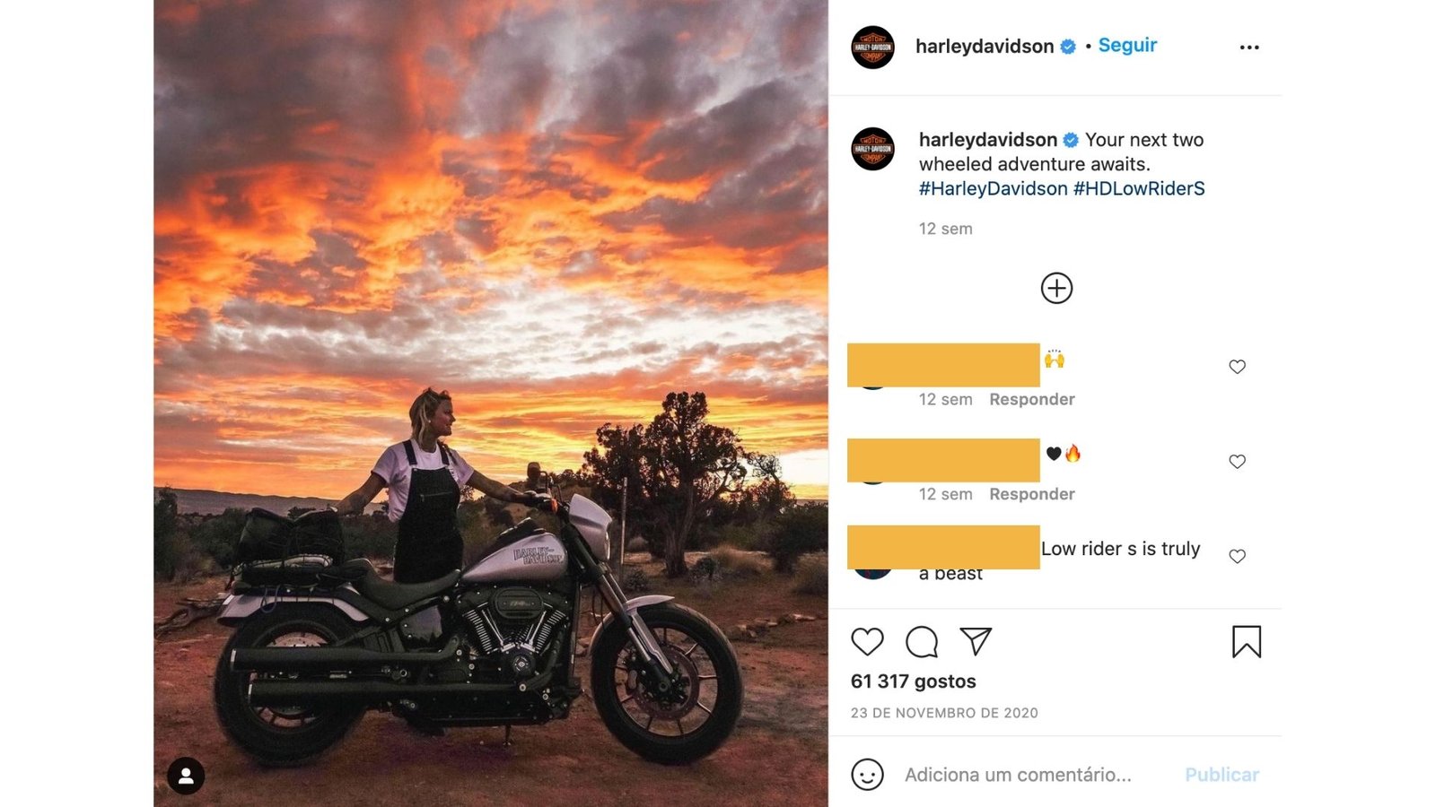 Publicação do instagram da harley davidson